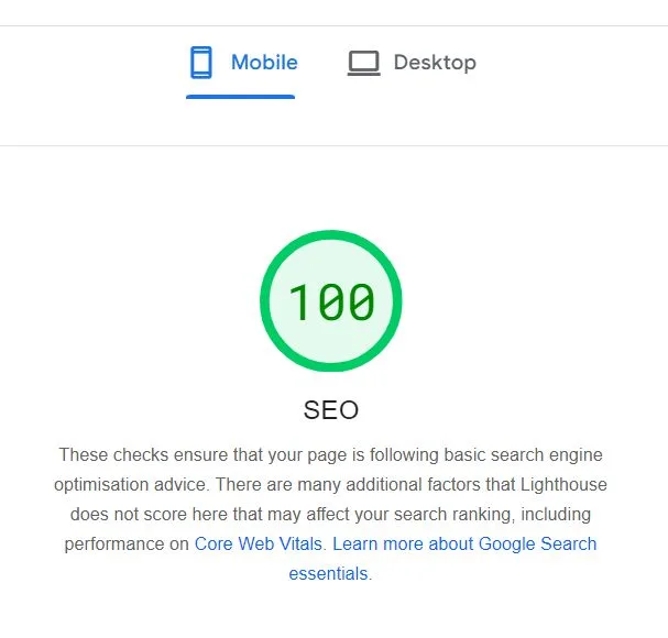 Page Speed Insights 100 score for seo